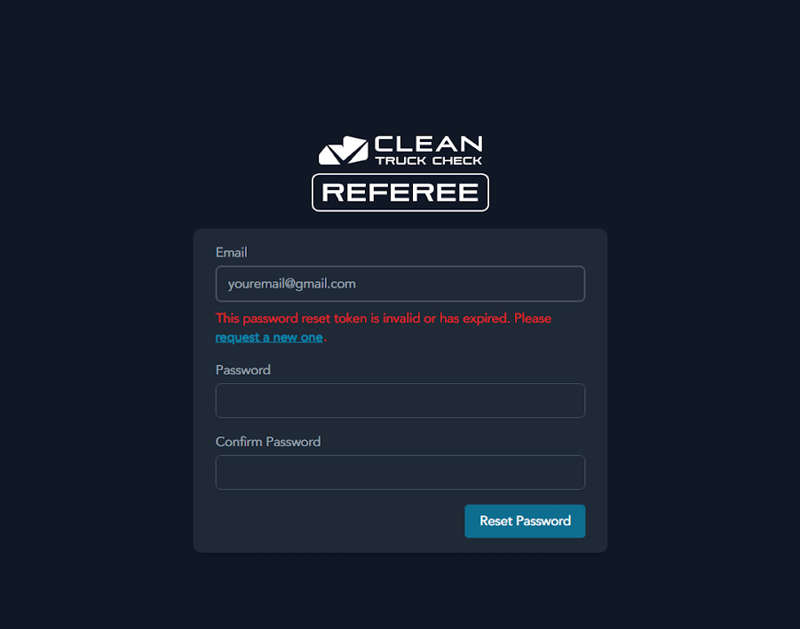 Password reset form for entering new password