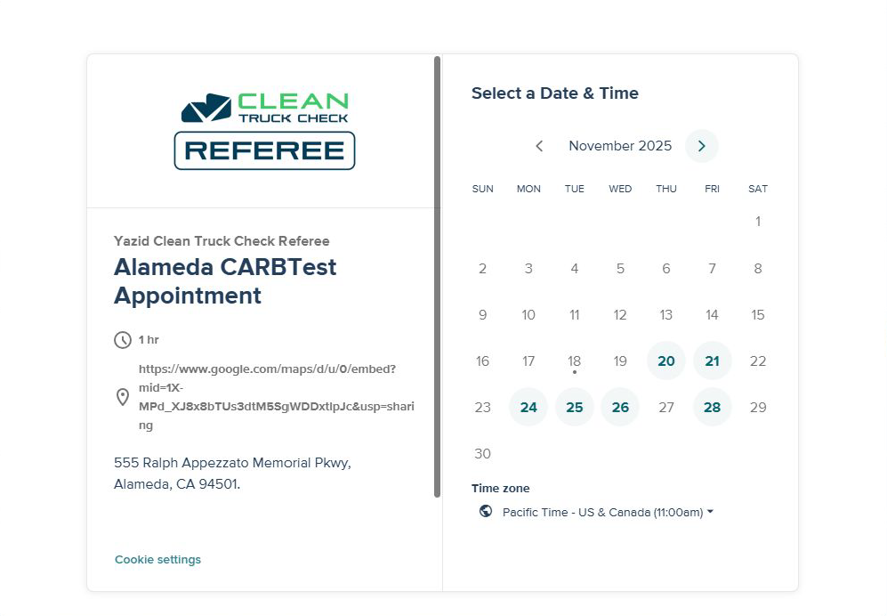 Calendar showing available appointment dates and times