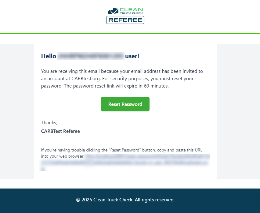 Email invitation from carbtest.org with password reset link