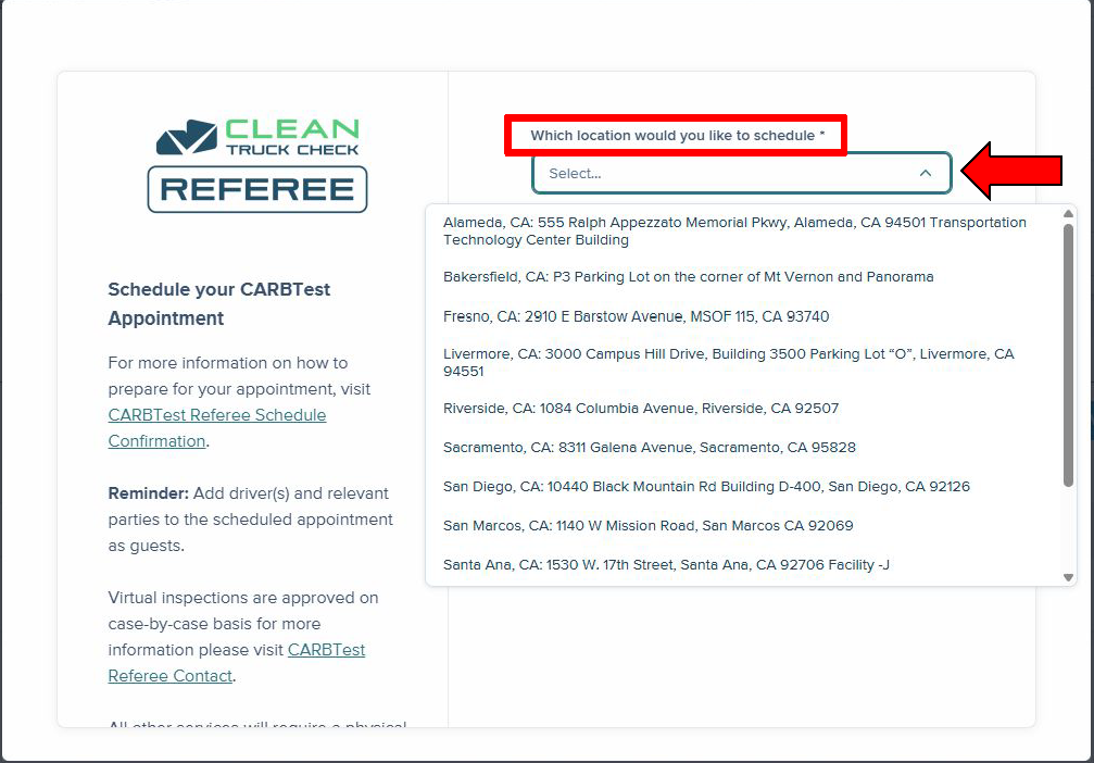 Location selection dropdown menu